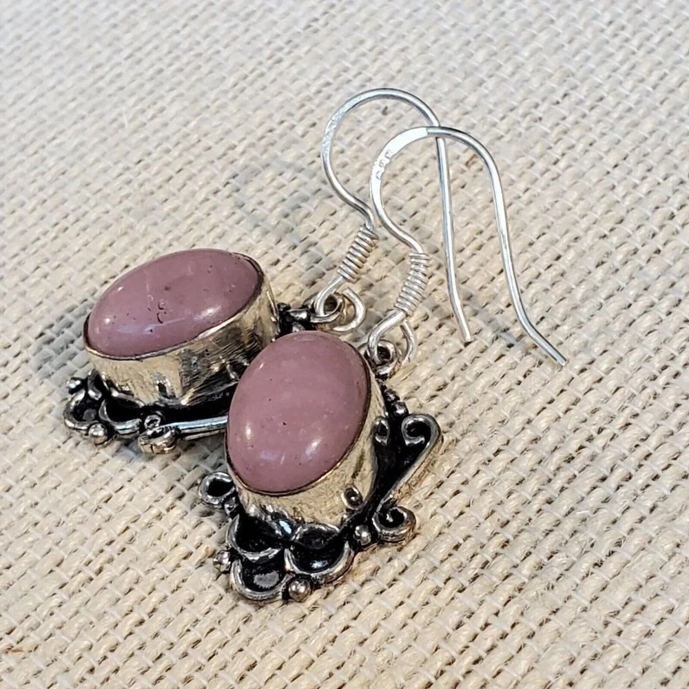 Artisan India Art Nouveau Scrolls Oval Stone 925 Sterling Silver Earrings - Picture 4 of 6